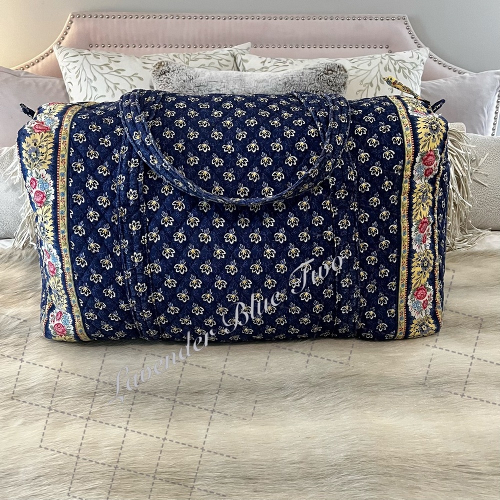 Vintage VERA BRADLEY Maison Blue 2002 XL Duffle Bag USA Yellow Y2K Travel